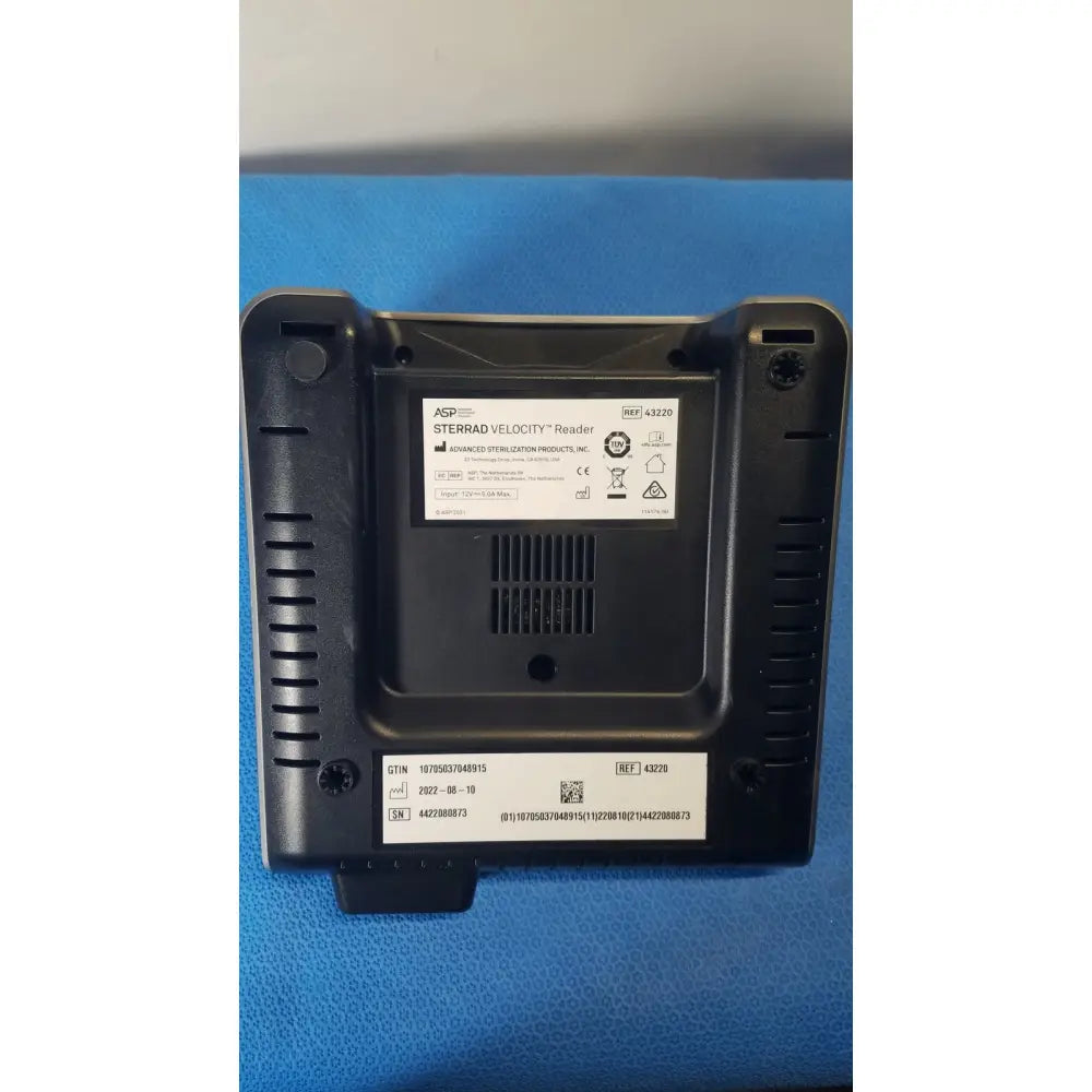 Black plastic asp sterrad velocity barcode scanner reader with ventilation slits and certification label on the back side