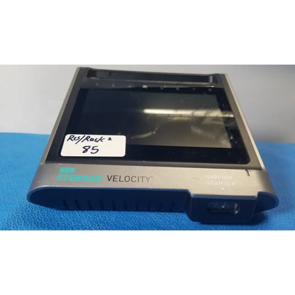 Silver and black asp sterrad velocity handheld barcode scanner with touchscreen labeled sterrad velocity on front panel