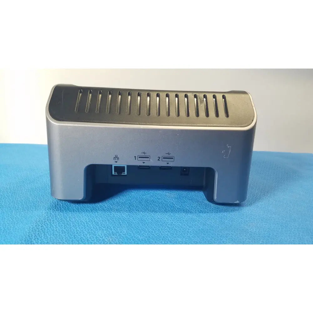 Silver metallic asp sterrad velocity desktop computer dock with matte finish usb and ethernet ports on rear panel