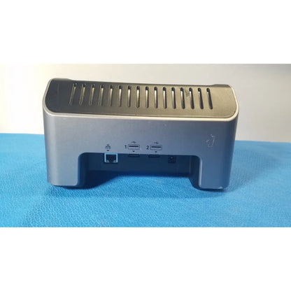 Silver metallic asp sterrad velocity desktop computer dock with matte finish usb and ethernet ports on rear panel
