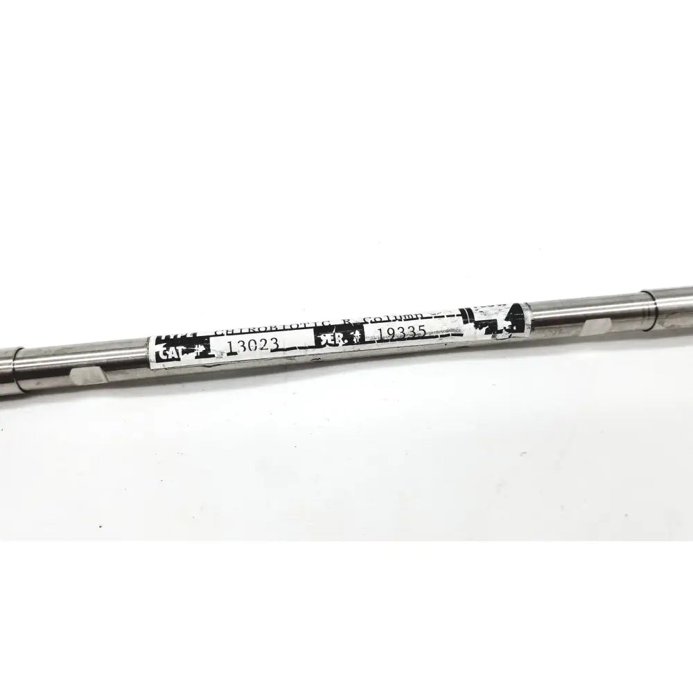 A metallic cylindrical astec chirobiotic r column cat 13023 label on a 4.6x150mm chiral hplc column shaft