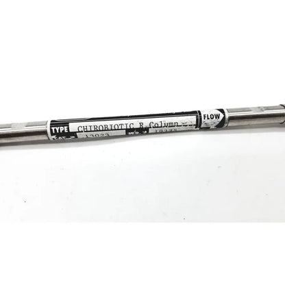 Silver metallic cylindrical astec chirobiotic r column cat chromatography column with black and white label
