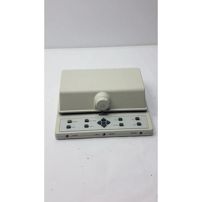 Beige plastic AudioScan Verifit VF-1 real ear hearing aid analyzer with central rotary knob and labeled buttons panel