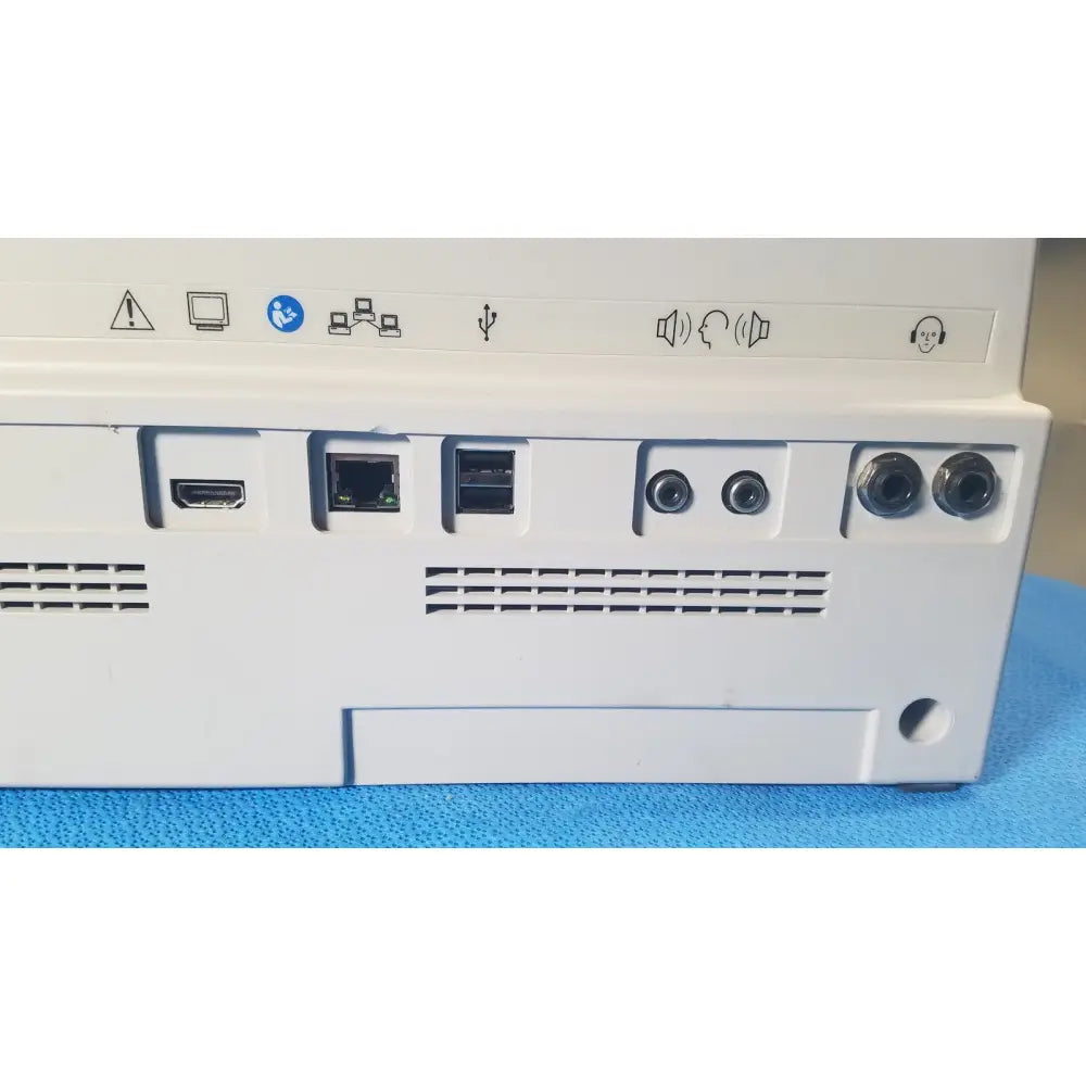 White plastic audioscan verifit vf-1 hearing analyzer showing back side with hdmi ethernet usb-a and usb-c ports
