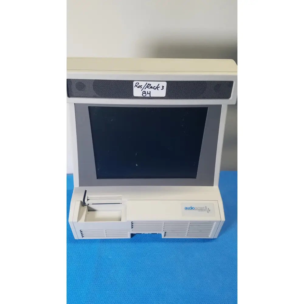 Beige audio-technica rs rock 3 84 portable monitor with dark screen and speaker grilles in audioscan verifit vf-1 hearing analyzer