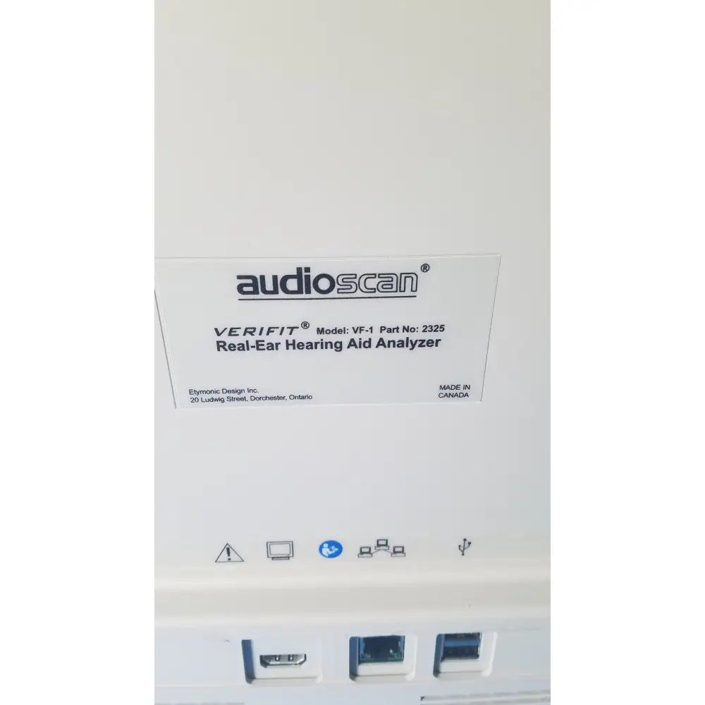 White audioscan verifit vf-1 real-ear hearing analyzer showing usb ports and model number vf-1 on front panel
