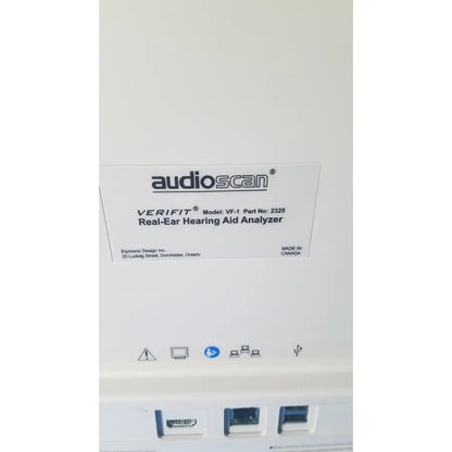 White audioscan verifit vf-1 real-ear hearing analyzer showing usb ports and model number vf-1 on front panel