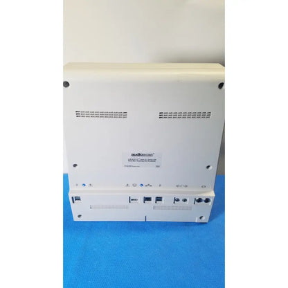 Back panel of white audio-technica at-ar300 audio receiver with ports and vents in audioscan verifit vf-1 hearing analyzer