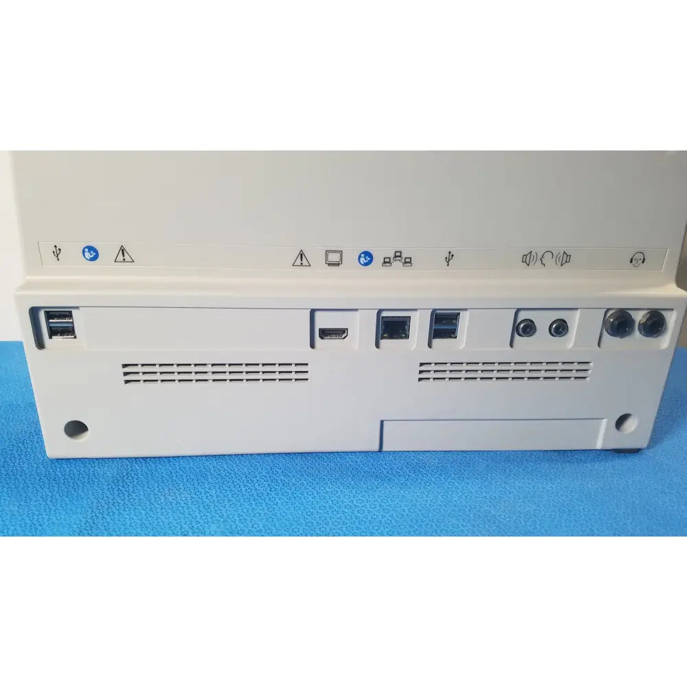 Rear panel of white audioscan verifit vf-1 hearing analyzer showing multiple ports including usb hdmi ethernet and audio jacks