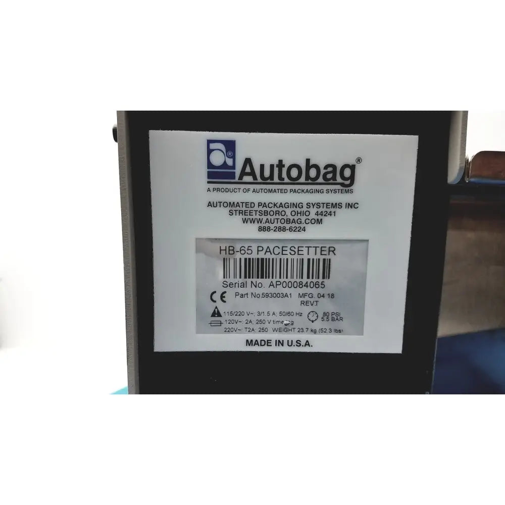 Black autobag pacesetter bagger sealer machine with white model and serial number sticker for packaging use