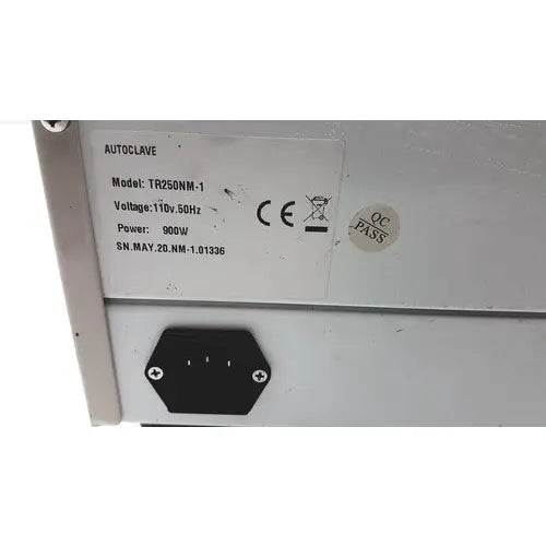 Silver autoclave portable steal sterelizer with black power input port and white label model tr250nm-1 back side view