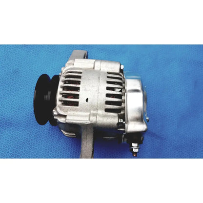 Silver-colored automotive alternator with black pulley and cooling fins for reuse medical and spare applications