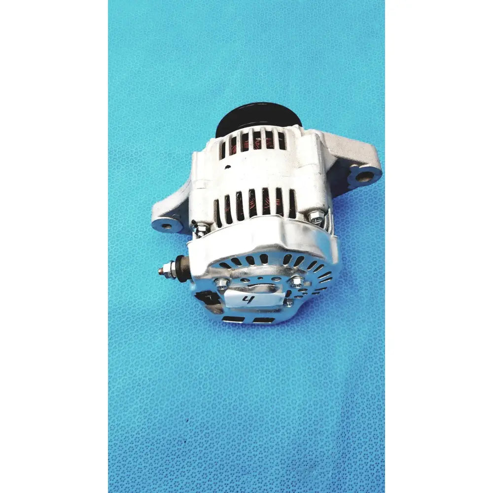 Silver-colored automotive alternator with black pulley and cooling fins for spare use and reuse medical applications