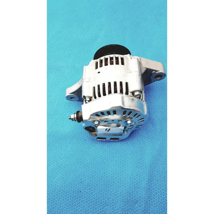 Silver-colored automotive alternator with black pulley and cooling fins for spare use and reuse medical applications