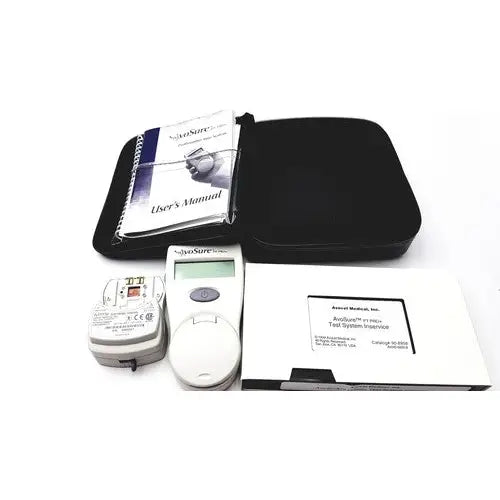 White plastic avosure pt pro+ prothrombin time system device with digital display and circular button for blood testing