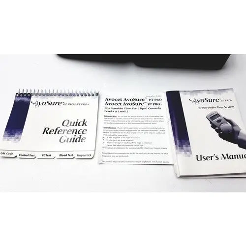 Black and white spiral-bound quick reference guide for avosure pt pro+ prothrombin time system 90-1103