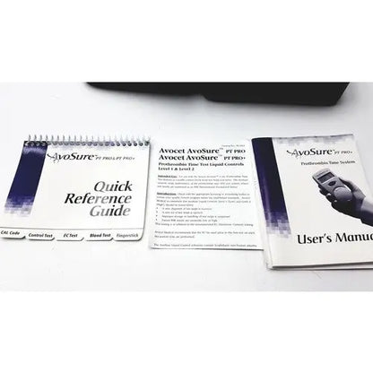 Black and white spiral-bound quick reference guide for avosure pt pro+ prothrombin time system 90-1103