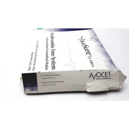 A worn white and purple box for avosure pt pro+ prothrombin time system by aocet medical incorporated with heart rate graphic