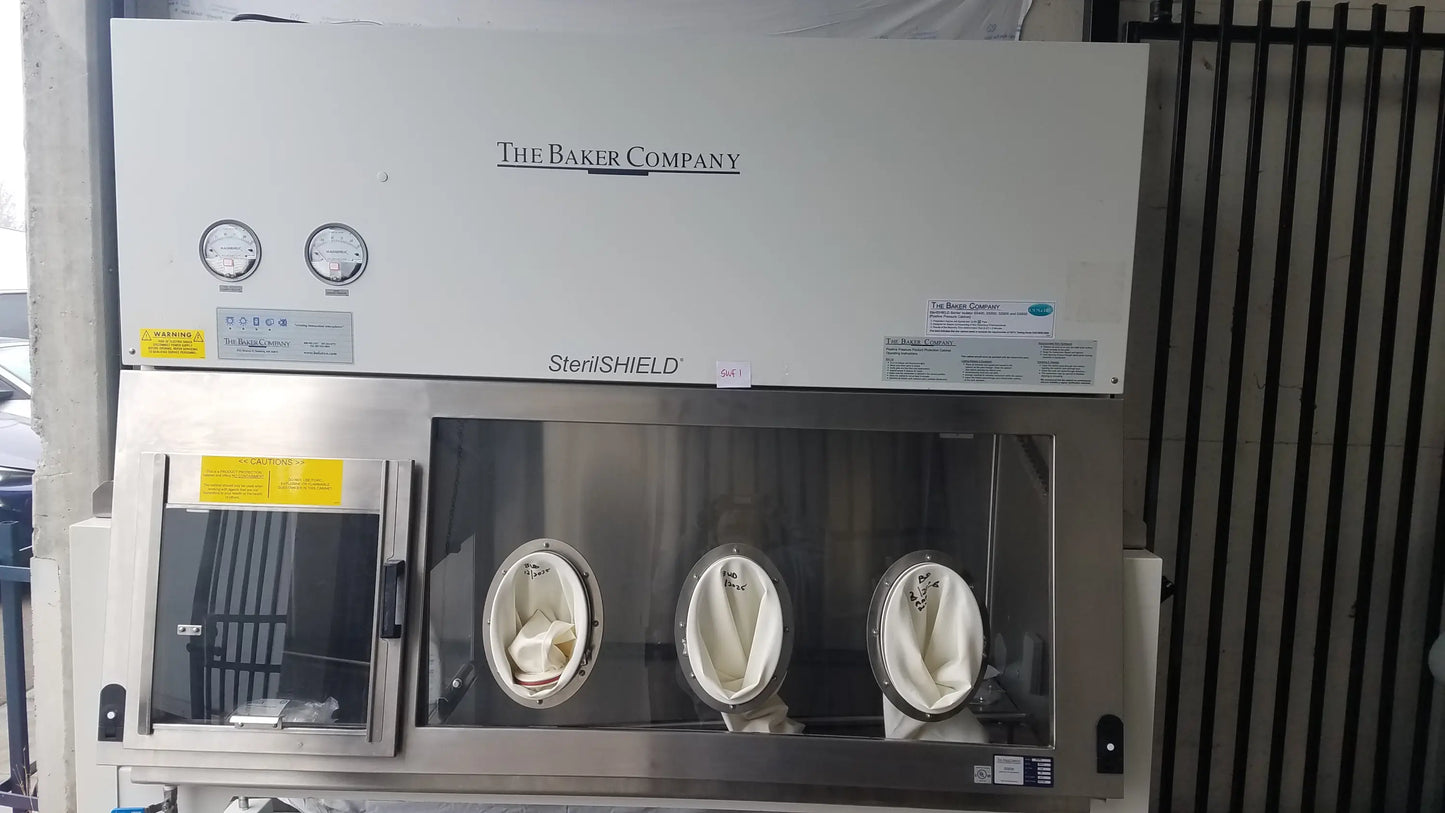 Baker SS-600 Sterilshield positive pressure isolator with stainless steel frame and three glove ports glass front