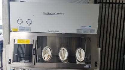 Baker SS-600 Sterilshield positive pressure isolator with stainless steel frame and three glove ports glass front