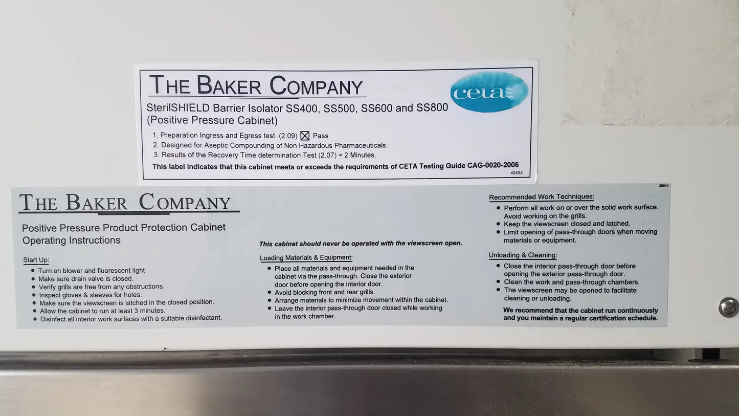 Baker ss-600 sterilshield positive pressure isolator 115v white cabinet with black label and detailed operating instructions