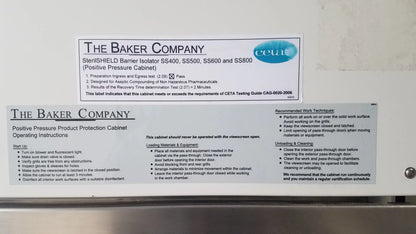 Baker ss-600 sterilshield positive pressure isolator 115v white cabinet with black label and detailed operating instructions
