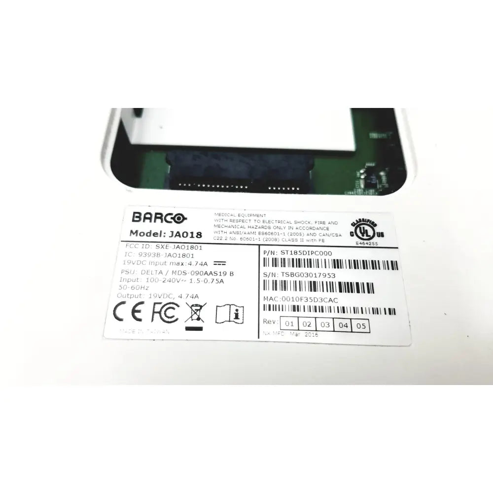 Image of the back side of barco ja018 18.5 inch smart terminal with white label and green circuit board for bedside multi-touch use