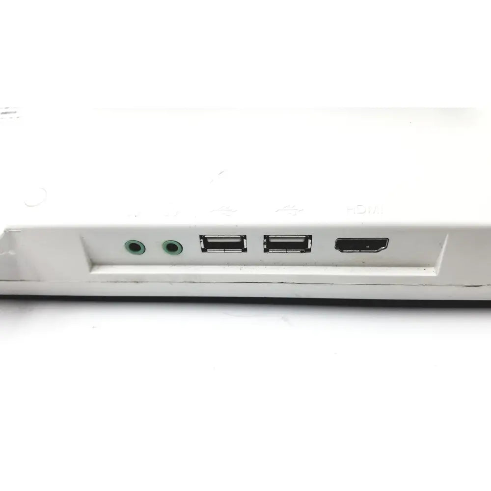 Rear panel of white barco ja018 smart terminal with two usb ports, one hdmi port, and dual green audio jacks for bedside multi-touch use