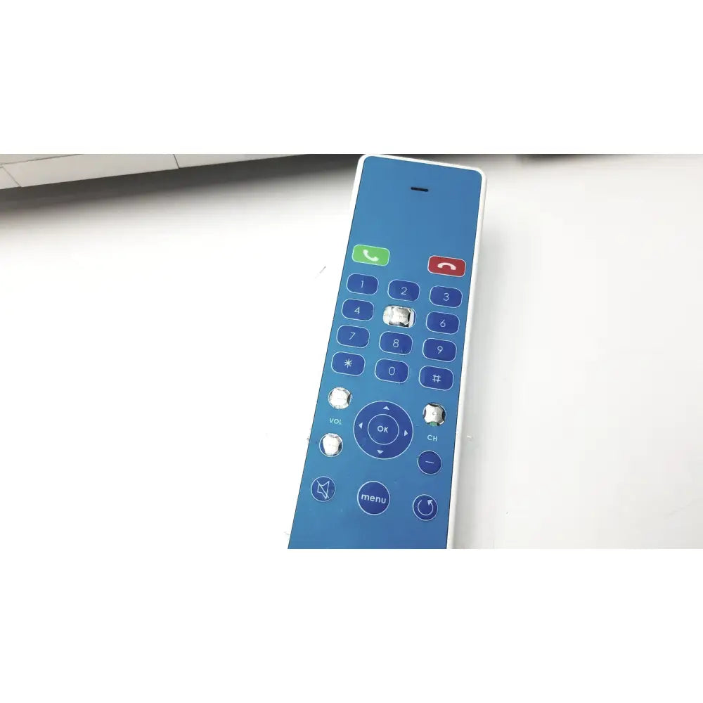 Blue plastic remote control with green and red call buttons and silver metallic keycaps for barco ja018 smart terminal bedside multi-touch