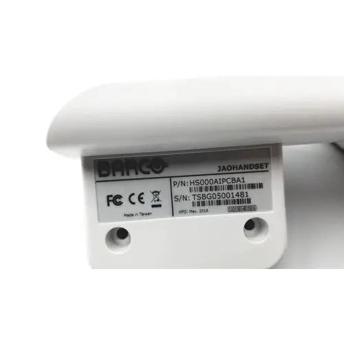 White plastic barco jaohandset hs000aipcba1 with black printed labeling and barcode for reuse medical use