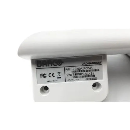 White plastic barco jaohandset hs000aipcba1 with black printed labeling and barcode for reuse medical use