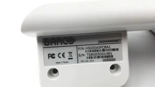 White plastic barco jaohandset hs000aipcba1 with black printed labeling and barcode for reuse medical use