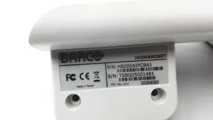 White plastic barco jaohandset hs000aipcba1 with black printed labeling and barcode for reuse medical use