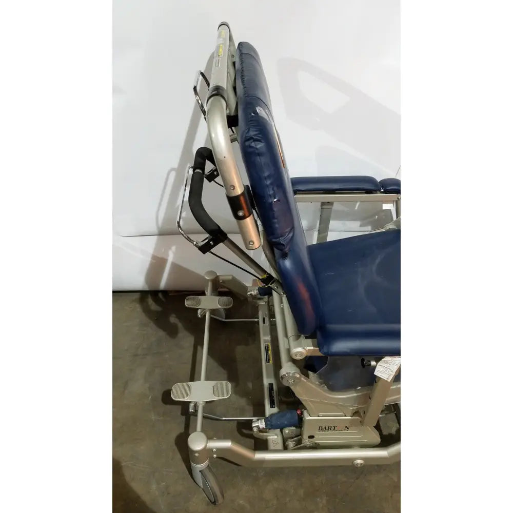 Blue upholstered barton convertible medical chair with silver metal frame and wheels for patient lifting