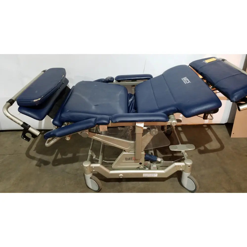 Blue padded barton convertible medical chair with adjustable sections and silver metal frame for medical use
