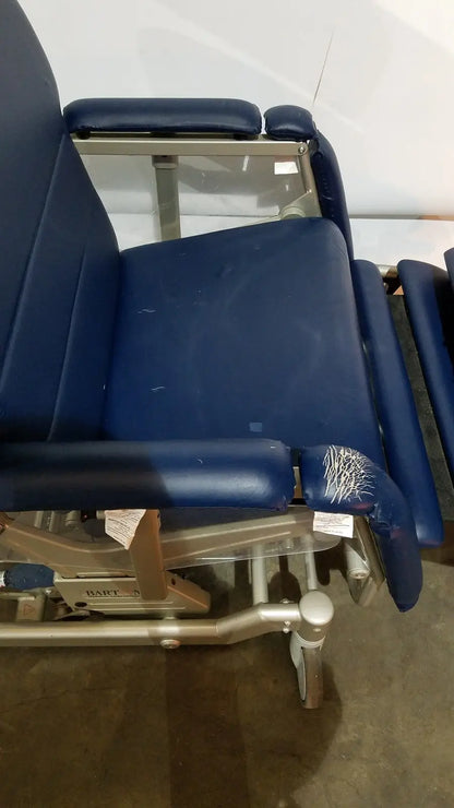 Blue upholstered barton convertible medical chair with metal frame and casters designed for medical examinations