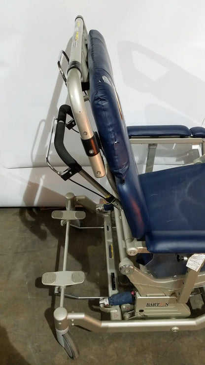 Blue upholstered barton convertible medical chair with silver metal frame and wheels for patient lifting