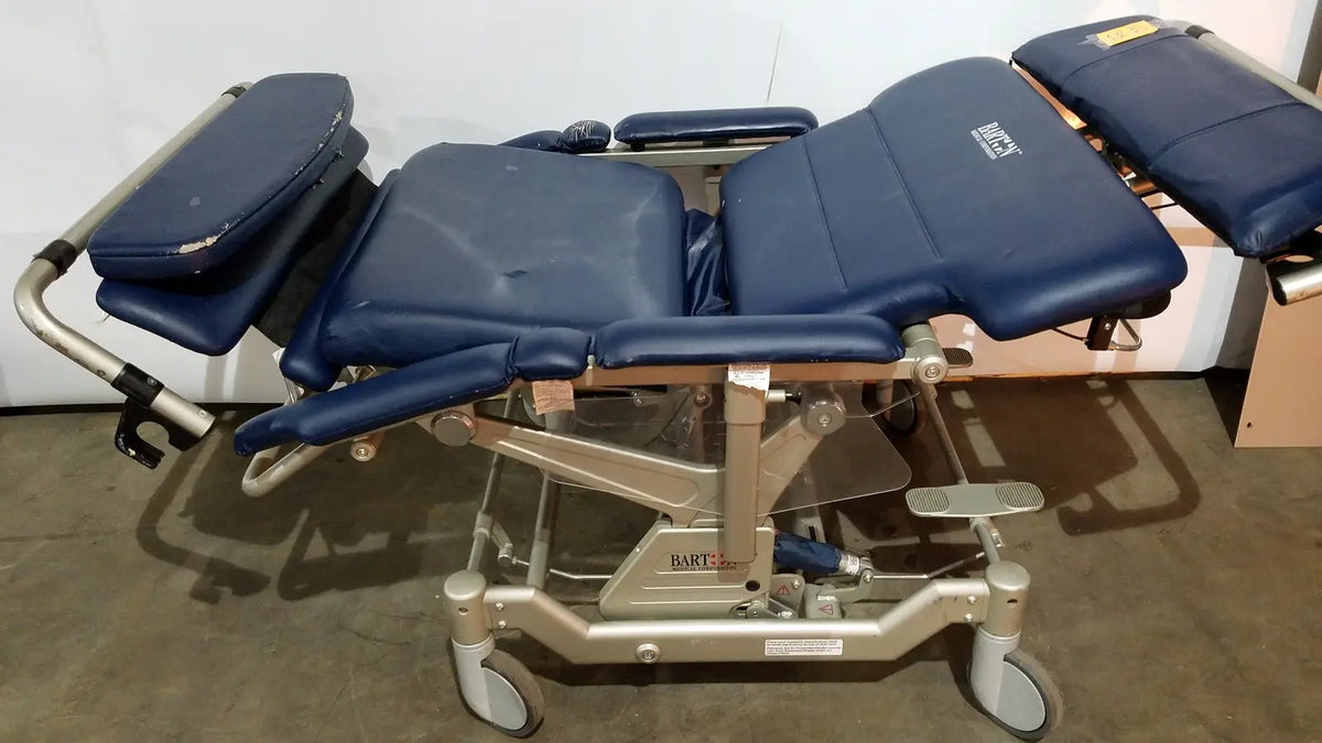 Blue padded barton convertible medical chair with adjustable sections and silver metal frame for medical use