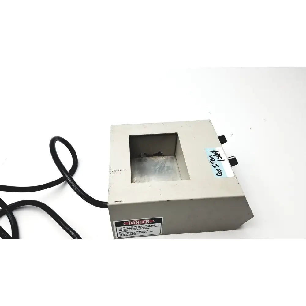 Gray rectangular industrial heater with square opening and black cord from baxter scientific products h2025-1a tested and working