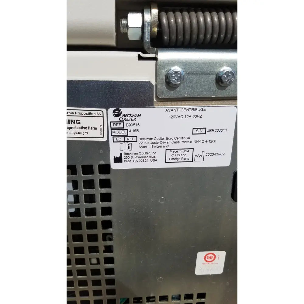 Beckman coulter avanti j-15r refrigerated centrifuge with metallic chassis and labeled specifications on the front panel