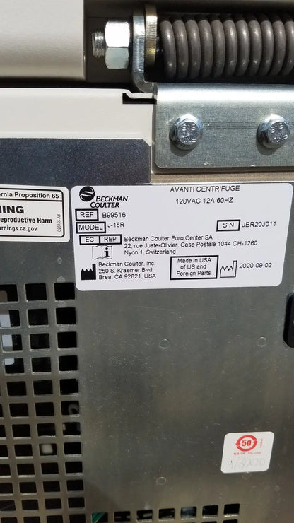 Beckman coulter avanti j-15r refrigerated centrifuge with metallic chassis and labeled specifications on the front panel
