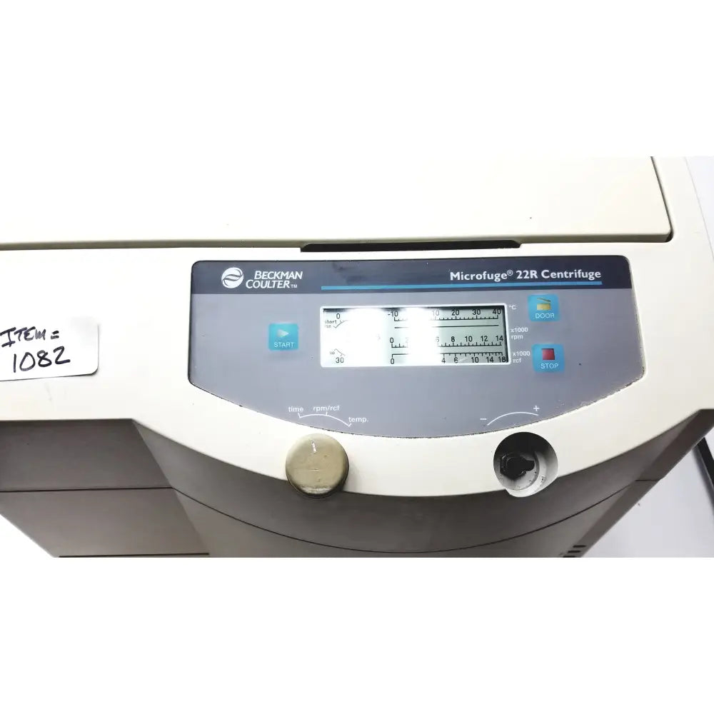 Beckman coulter microfuge 22r centrifuge with gray control panel digital rpm display and blue-lit start stop buttons