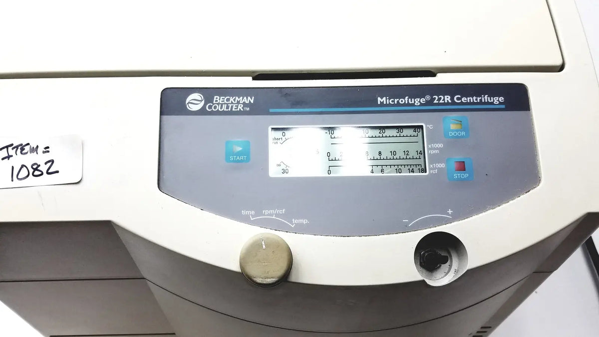Beckman coulter microfuge 22r centrifuge with gray control panel digital rpm display and blue-lit start stop buttons