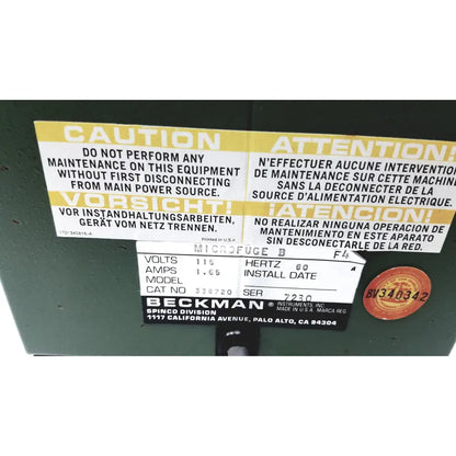 Beckman microfuge b laboratory centrifuge with 6-position rotor and black label showing reuse medical warnings
