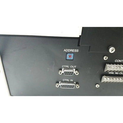 Black industrial control panel with labeled ports and blue address switch on beckman system gold autosampler 507 for hplc laboratory reuse medical applications