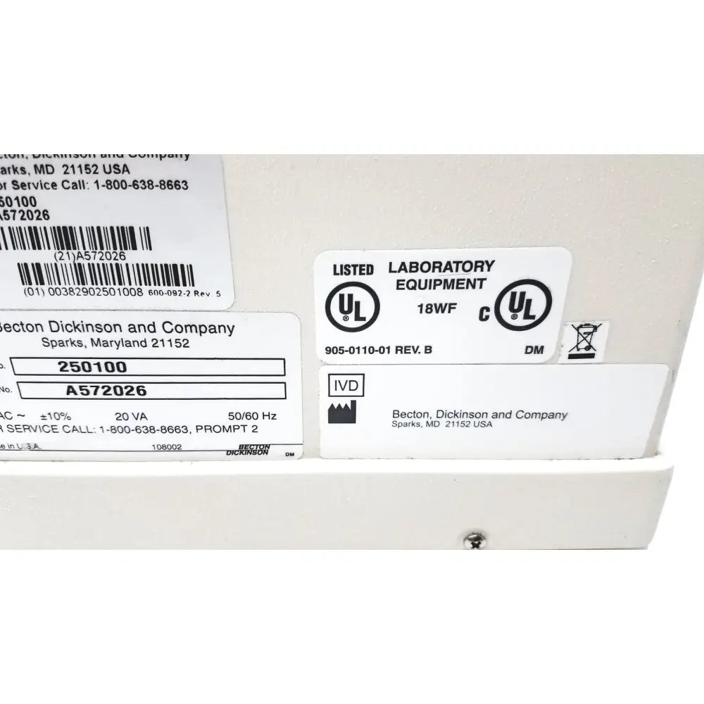 White plastic becton dickinson microprobe processor label with black text and certification marks for reuse medical use