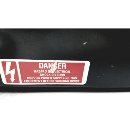 Red and white electrical hazard warning label with lightning bolt on back side of bellco orbital shaker 7744-02020 110 volts