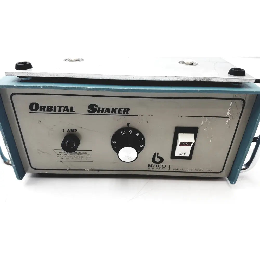 Bellco orbital shaker 7744-02020 as-is with teal frame silver control panel black dials on off switch and visible wear