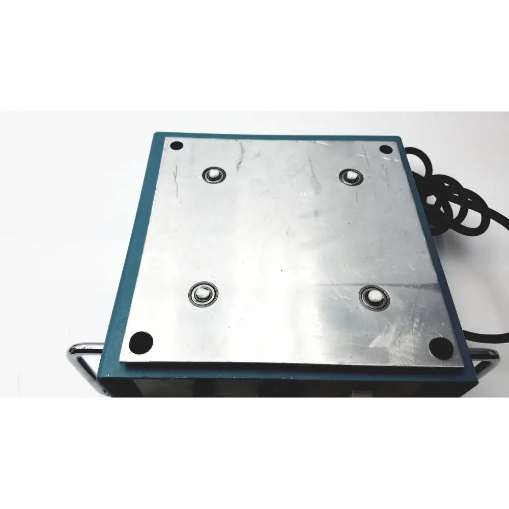 Blue-framed industrial metal bellco orbital shaker with four adjustment knobs and coiled black power cord as is