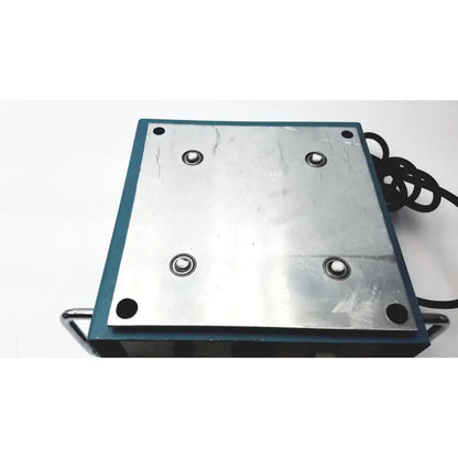Blue-framed industrial metal bellco orbital shaker with four adjustment knobs and coiled black power cord as is